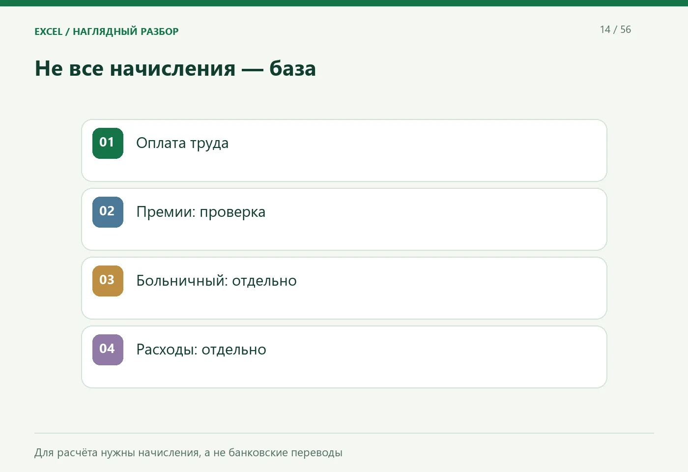 Не все начисления — база. Оплата труда; Премии: проверка; Больничный: отдельно; Расходы: отдельно. Для расчёта нужны начисления, а не банковские переводы